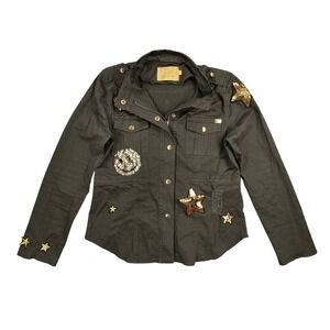 Lizette Collection Olive Utility Jacket Beaded Bee Sequined Stars Smiley Face M